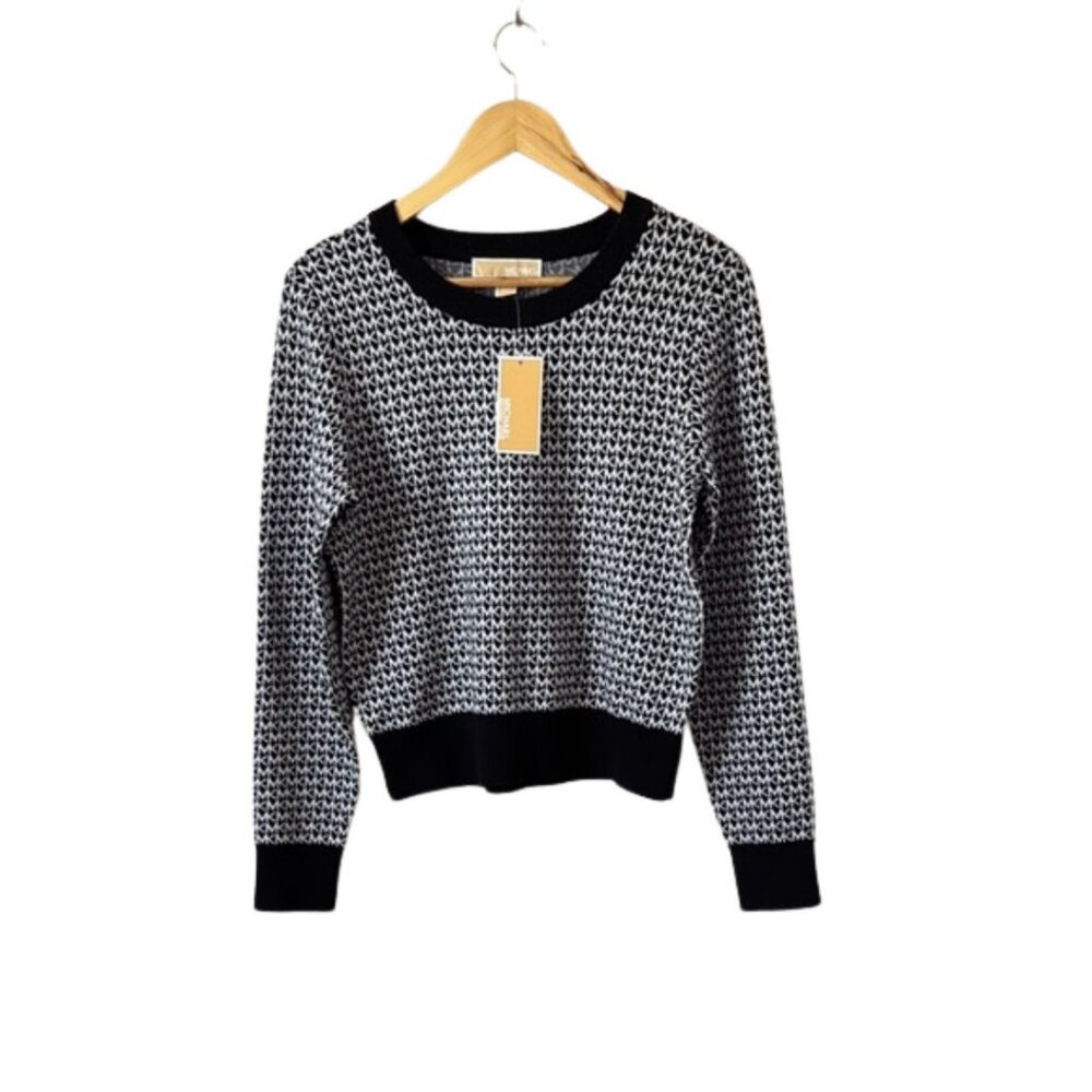 Michael Michael Kors MK Logo Black White Cotton Blend Crew Neck Sweater Size M